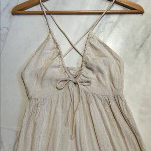 Linen Blend Maxi Dress w V Neck Halter Spaghetti Strap and Eyelet Hem